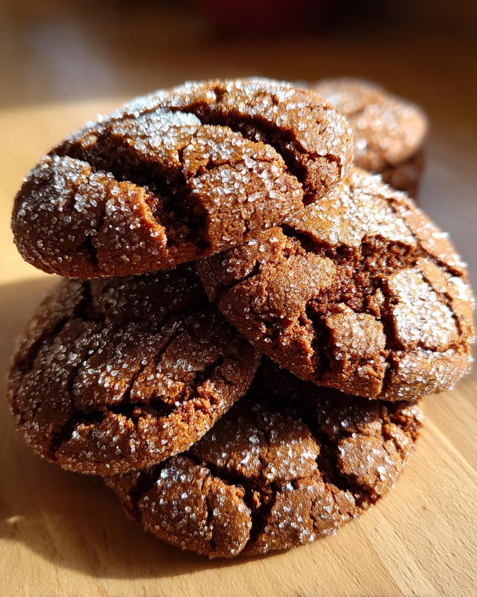 A close-up stack of rich, dark ginger molasses cookies covered in sparkling granulated sugar.