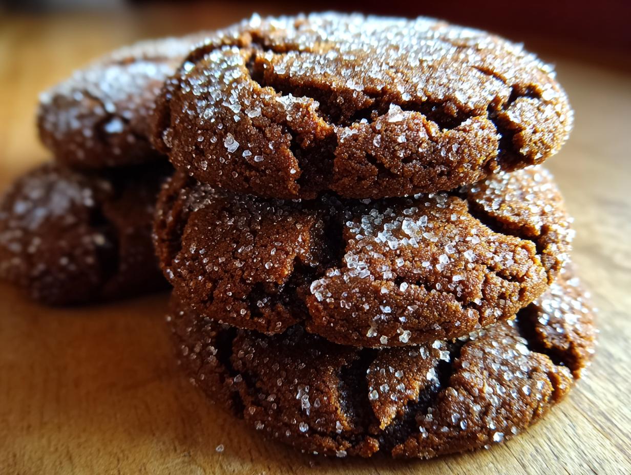 Close-up of a stack of three dark, crinkled ginger molasses cookies heavily coated in sparkling sugar crystals.