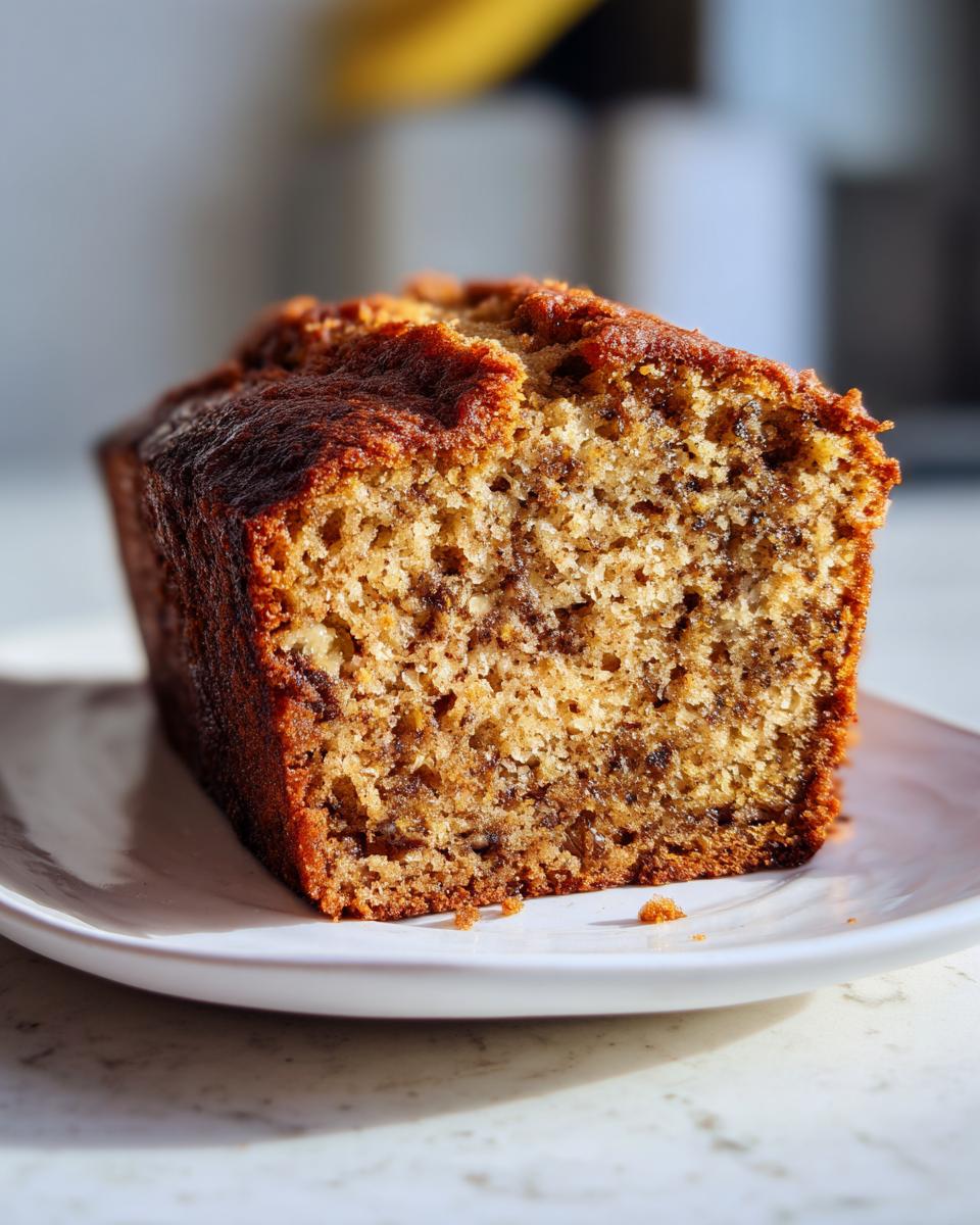 Close-up of a moist slice of sugar free banana bread showing a rich, brown crumb texture.
