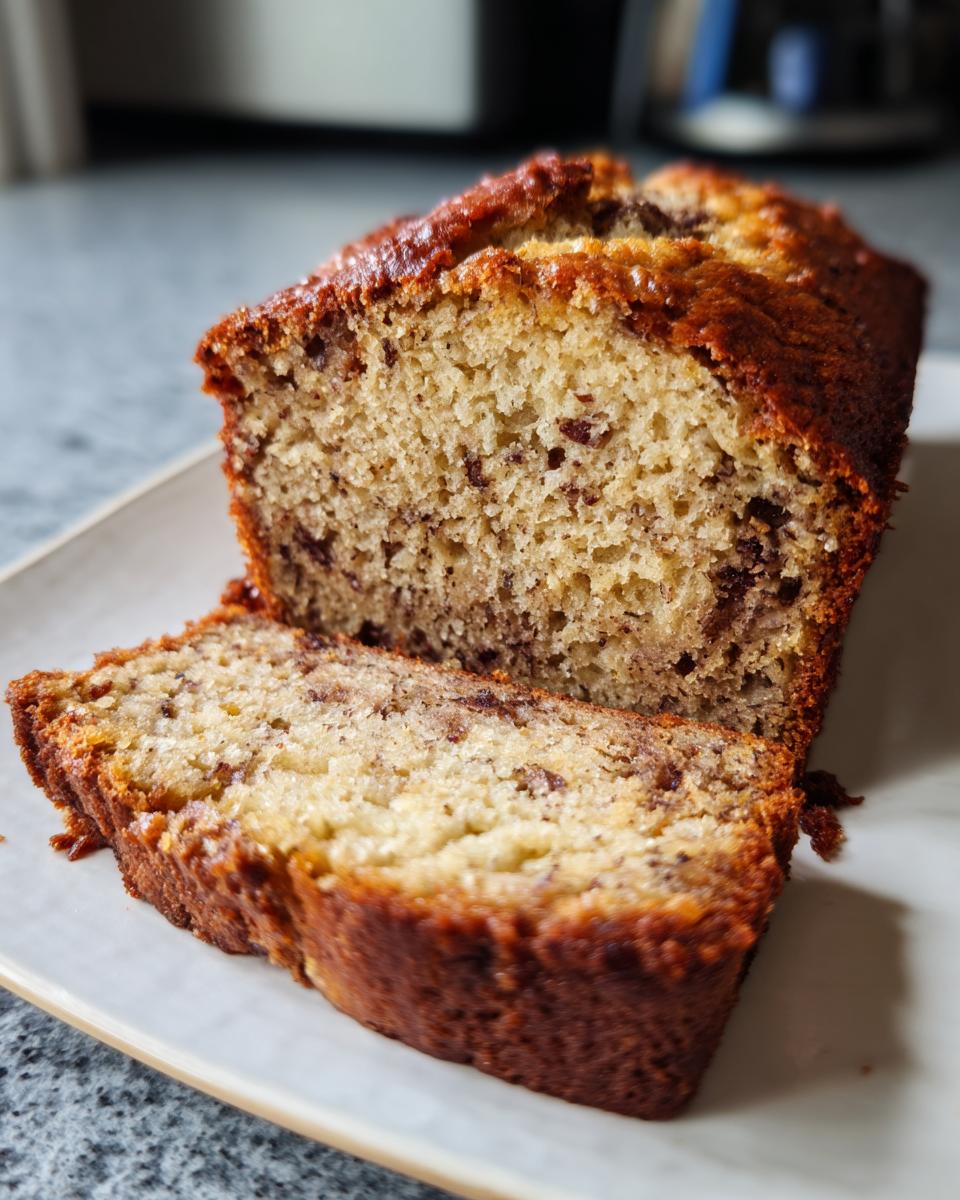Close-up of a freshly baked loaf of sugar free banana bread, sliced to show the moist interior with chocolate chips.