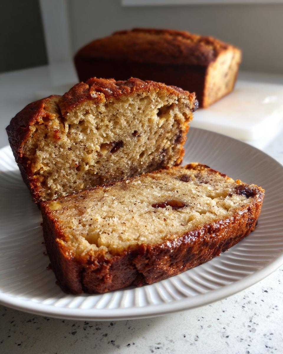 Two thick slices of moist sugar free banana bread with visible raisins, served on a white plate.