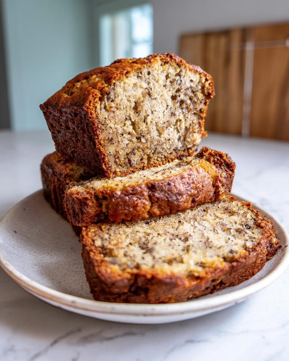 Stack of three thick slices of moist sugar free banana bread on a small speckled plate.