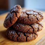 A stack of four dark, crinkly ginger molasses cookies generously coated in sparkling sugar crystals.