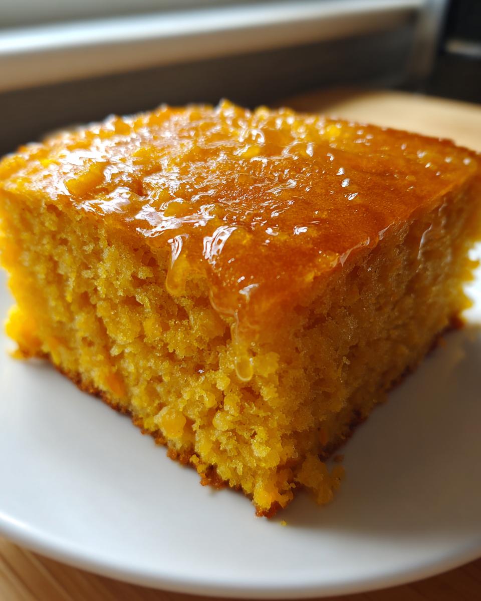 Close-up of a square slice of moist, orange sweet potato cornbread topped with a shiny glaze.