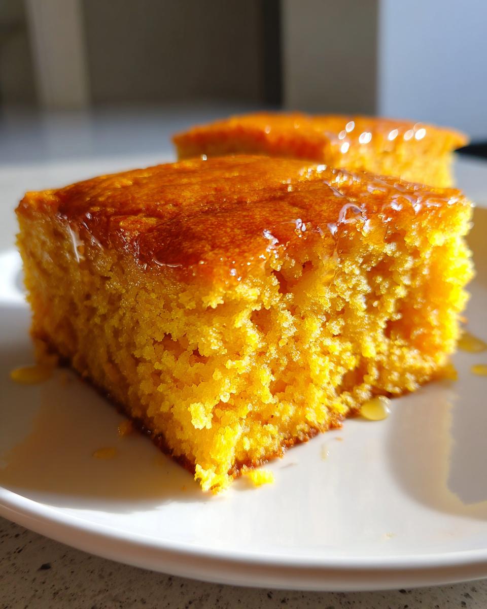 Close-up of a square slice of bright orange sweet potato cornbread drizzled with a shiny glaze.