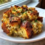 Close-up of crispy, golden brown homemade stuffing topped with fresh parsley in a white bowl.