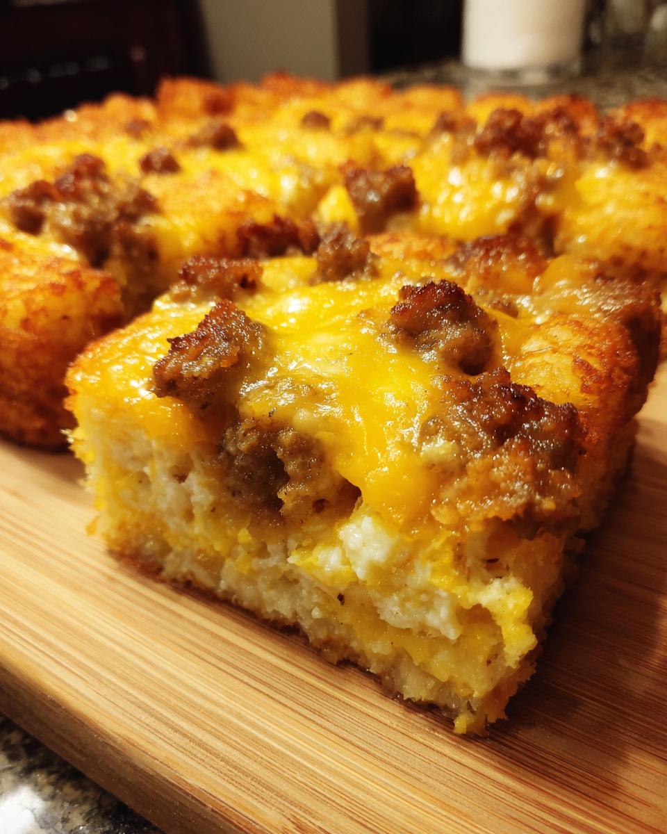 A close-up slice of tater tot breakfast casserole showing layers of eggs, melted cheddar cheese, and crumbled sausage.