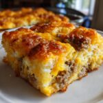 Close-up of a square serving of tater tot breakfast casserole, showing sausage, eggs, and melted golden cheese.