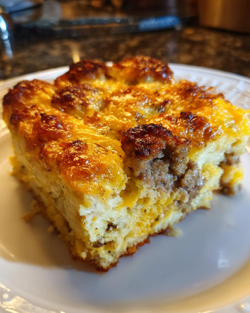 A square slice of tater tot breakfast casserole showing layers of egg, sausage filling, and browned cheese topping.