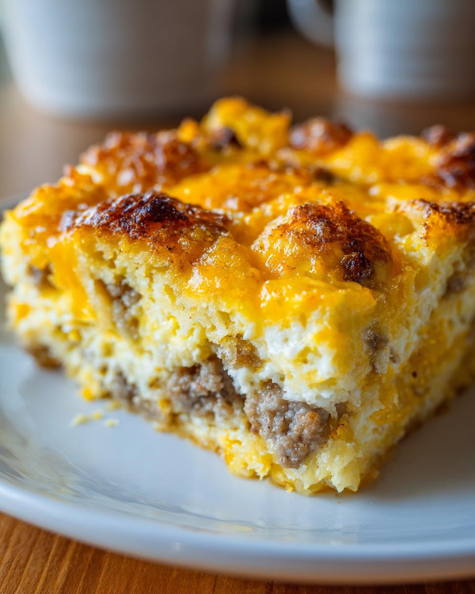 Close-up of a square slice of tater tot breakfast casserole showing layers of egg, sausage, and melted, browned cheese.