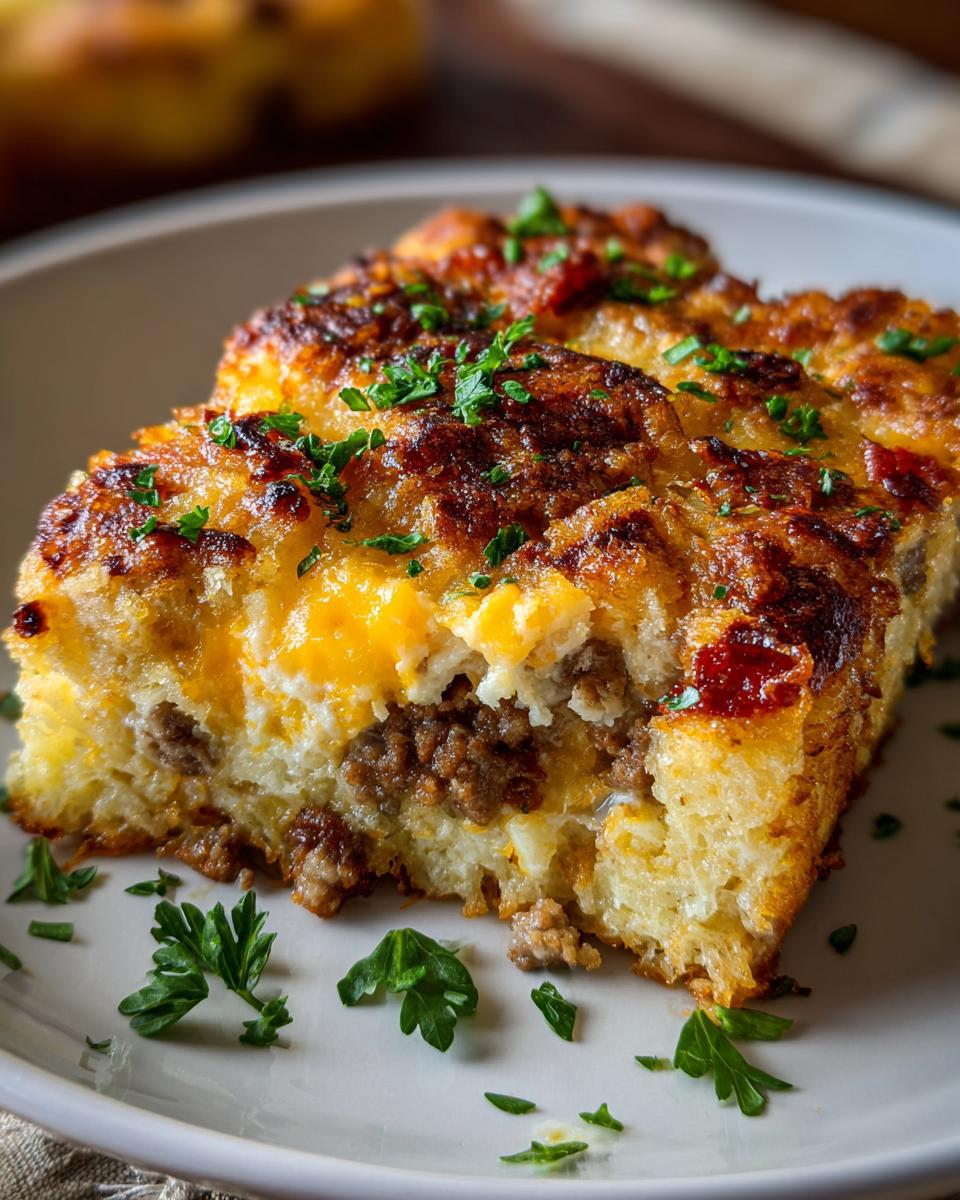 A close-up slice of tater tot breakfast casserole showing layers of sausage, egg, and a golden, cheesy, browned top.