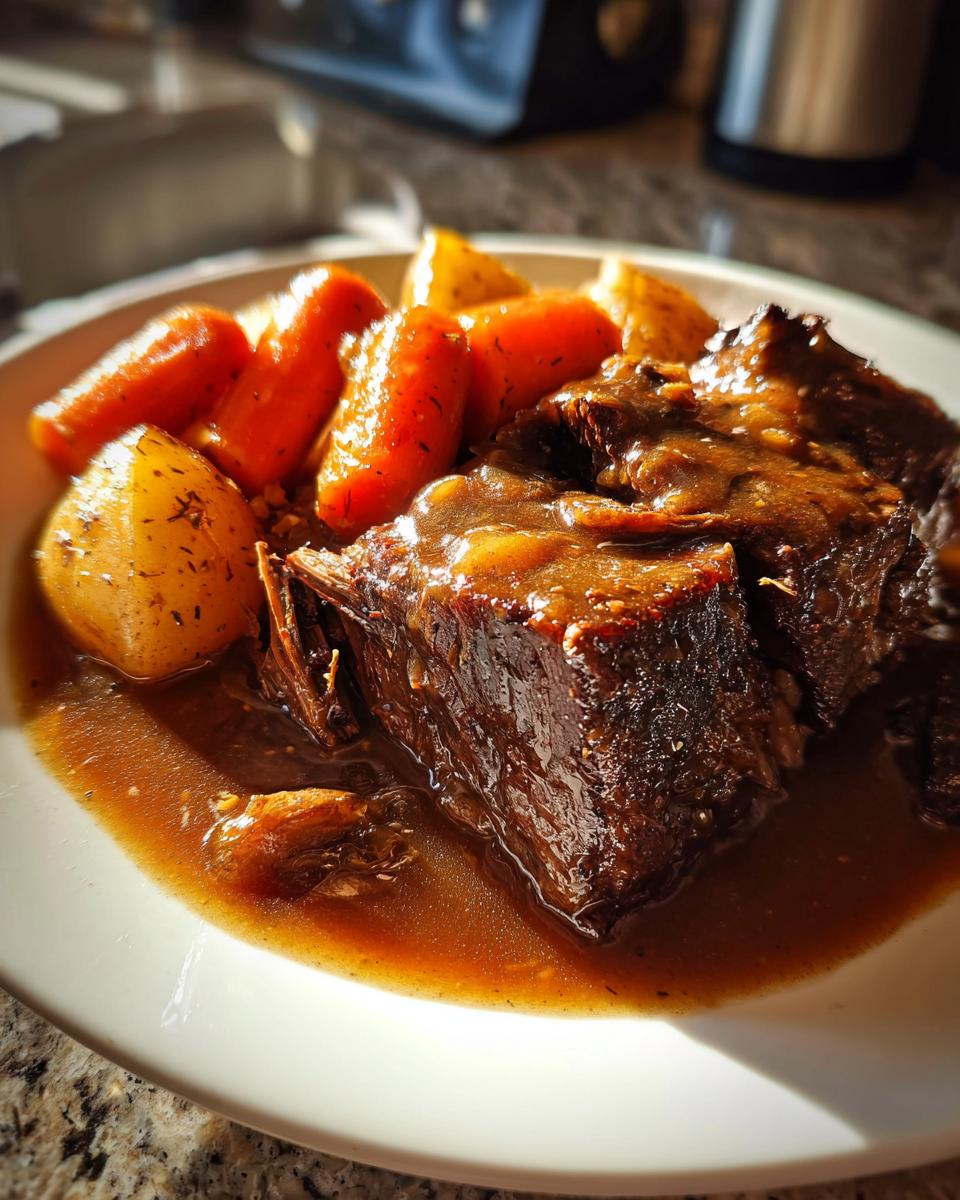 Close-up of tender slow cooker pot roast pieces covered in rich gravy, served with soft carrots and potatoes.