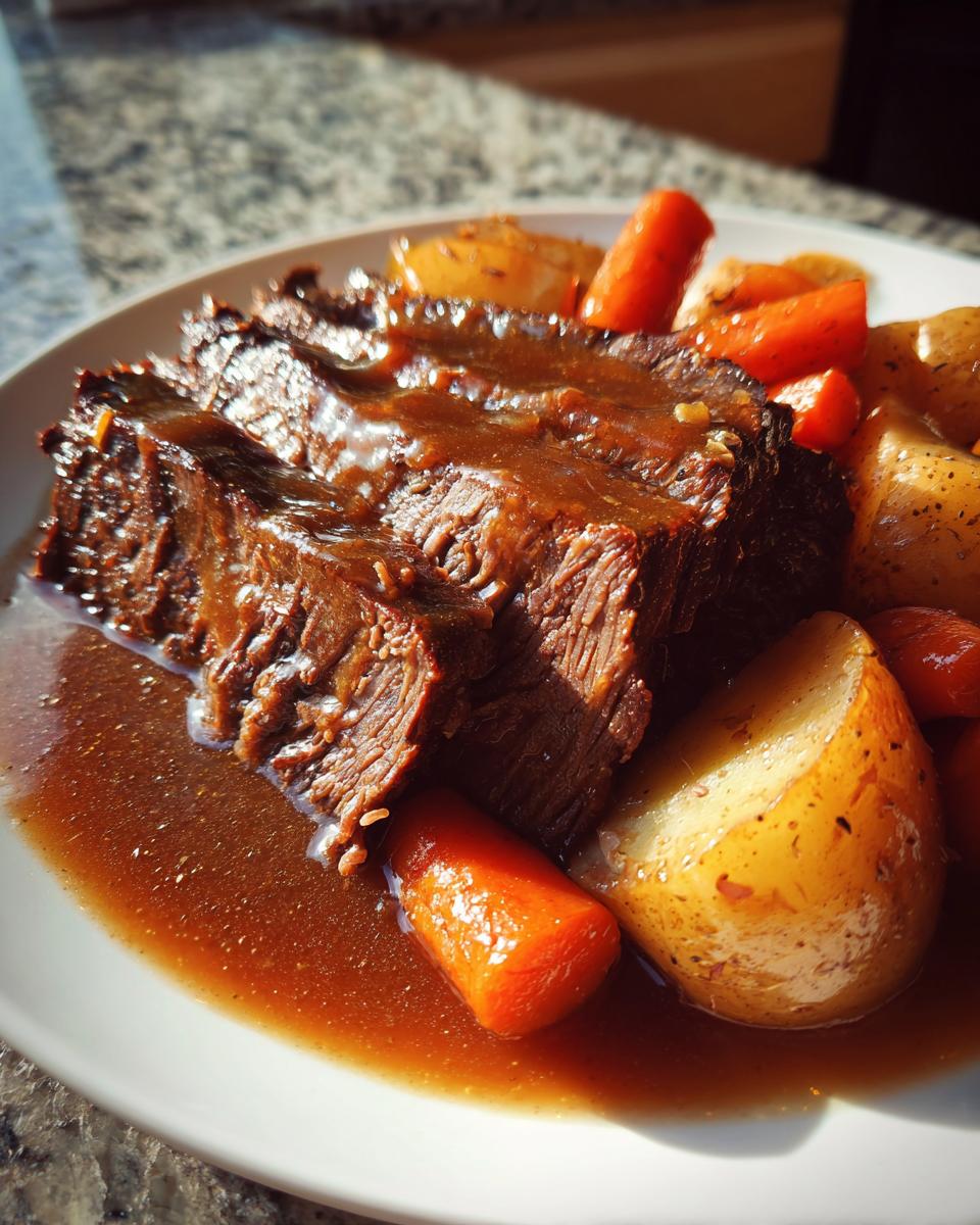 Close-up of tender slices of slow cooker pot roast covered in rich brown gravy, served with carrots and potatoes.