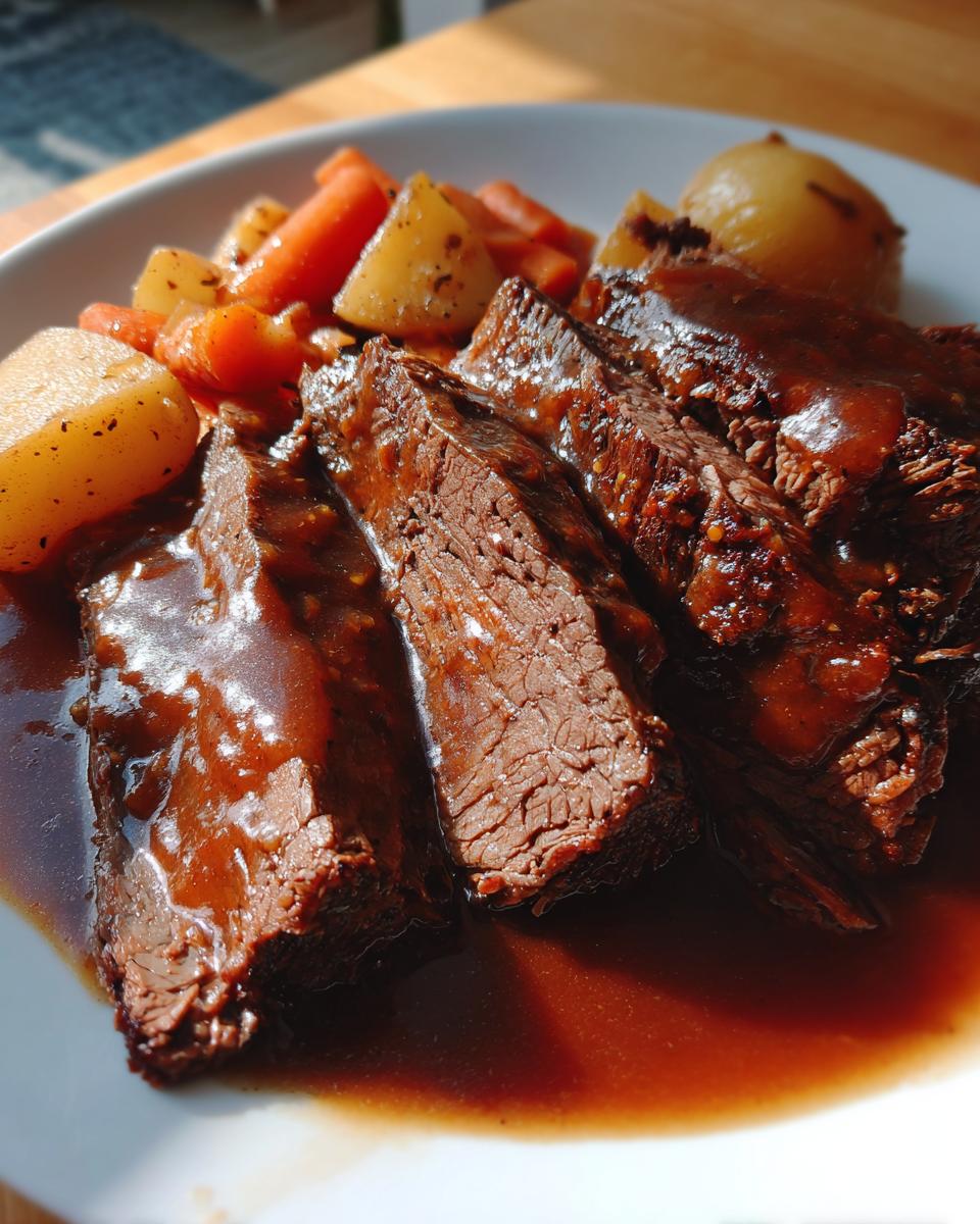 Slices of tender slow cooker pot roast covered in rich brown gravy, served with carrots and potatoes.