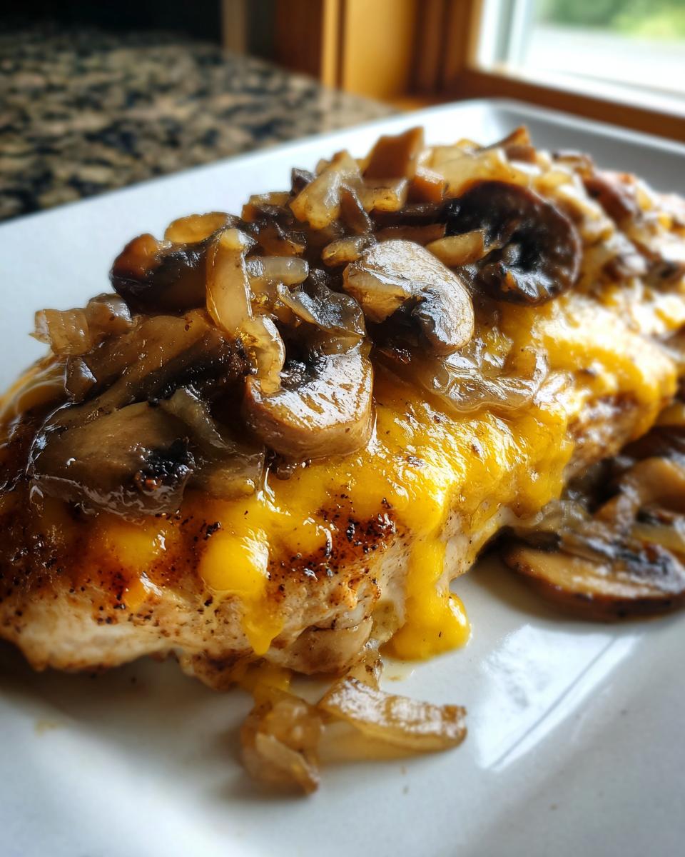 Close-up of a juicy chicken breast topped with melted cheddar cheese, sautéed mushrooms, and onions, resembling Texas Roadhouse smothered chicken.