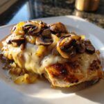 Close-up of a juicy chicken breast topped with melted white cheese, sautéed mushrooms, and onions, resembling Texas Roadhouse smothered chicken.