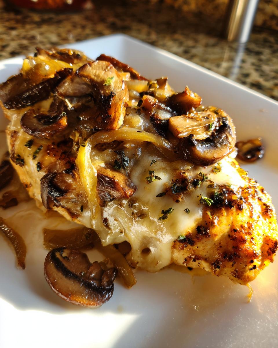 Close-up of a juicy chicken breast topped with melted white cheese, sautéed mushrooms, and onions for Texas Roadhouse smothered chicken.