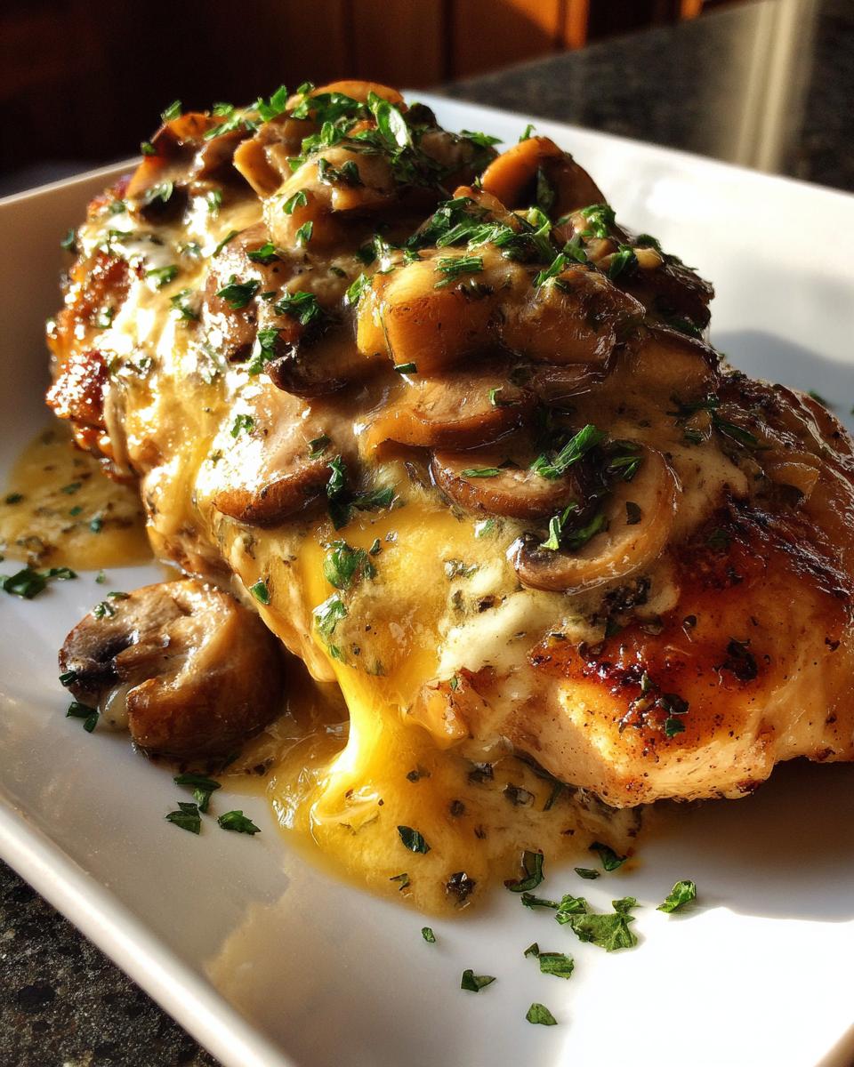 Close-up of juicy Texas Roadhouse smothered chicken topped with melted cheese and sautéed mushrooms.