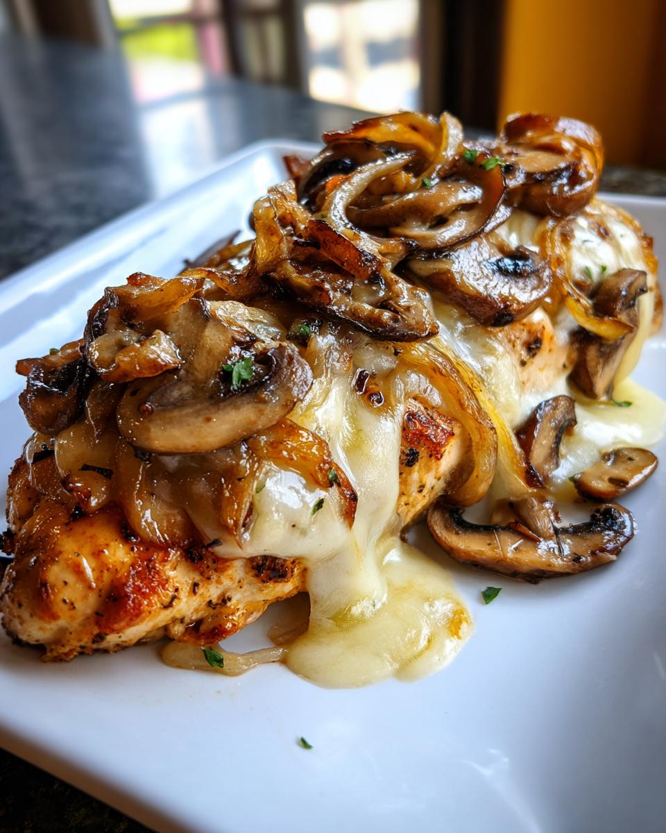 Close-up of perfectly cooked Texas Roadhouse smothered chicken topped with melted white cheese, sautéed mushrooms, and onions.