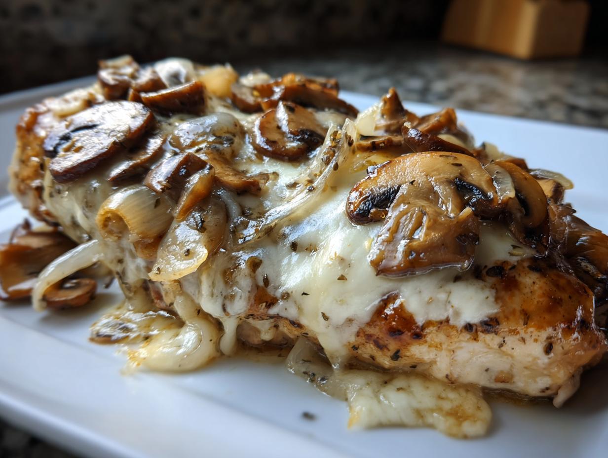 Close-up of a juicy chicken breast topped with melted white cheese, sautéed mushrooms, and onions, resembling Texas Roadhouse smothered chicken.