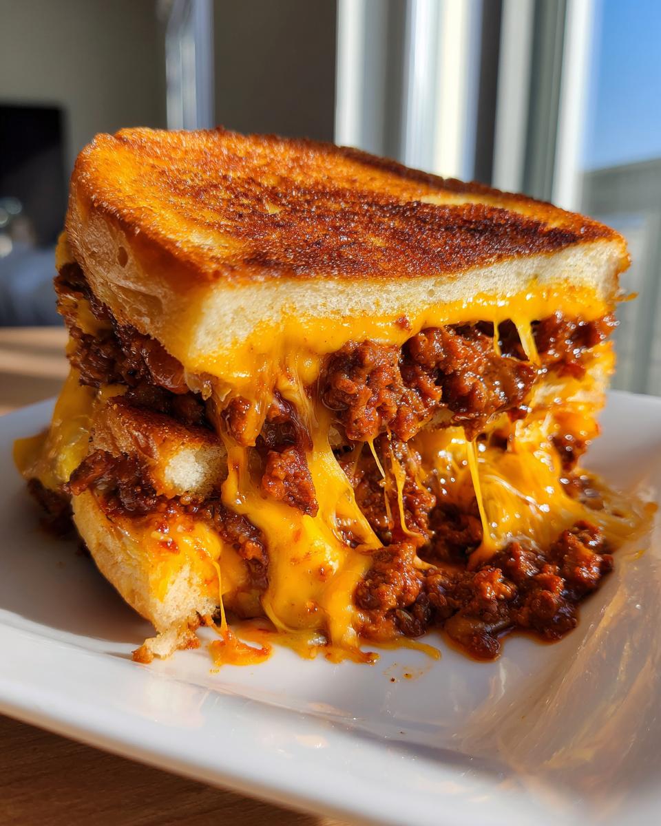 Close-up of a hearty sandwich featuring thick, toasted Texas toast stuffed with sloppy joe meat and dripping with melted cheddar cheese.