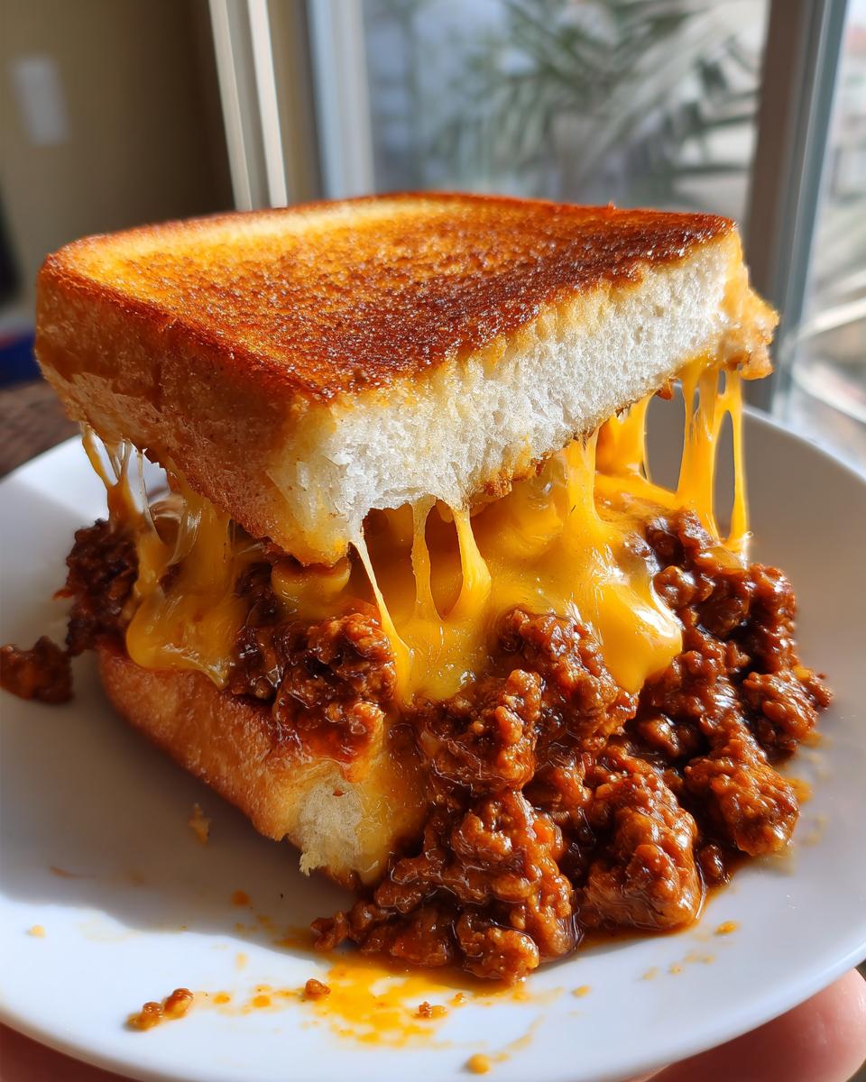 Close-up of amazing texas toast sloppy joes with melted cheese stretching between the toasted bread and rich meat filling.
