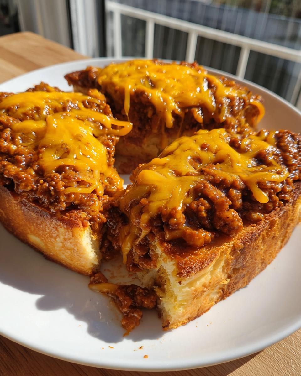 Three servings of texas toast sloppy joes topped with rich meat sauce and melted cheddar cheese on a white plate.