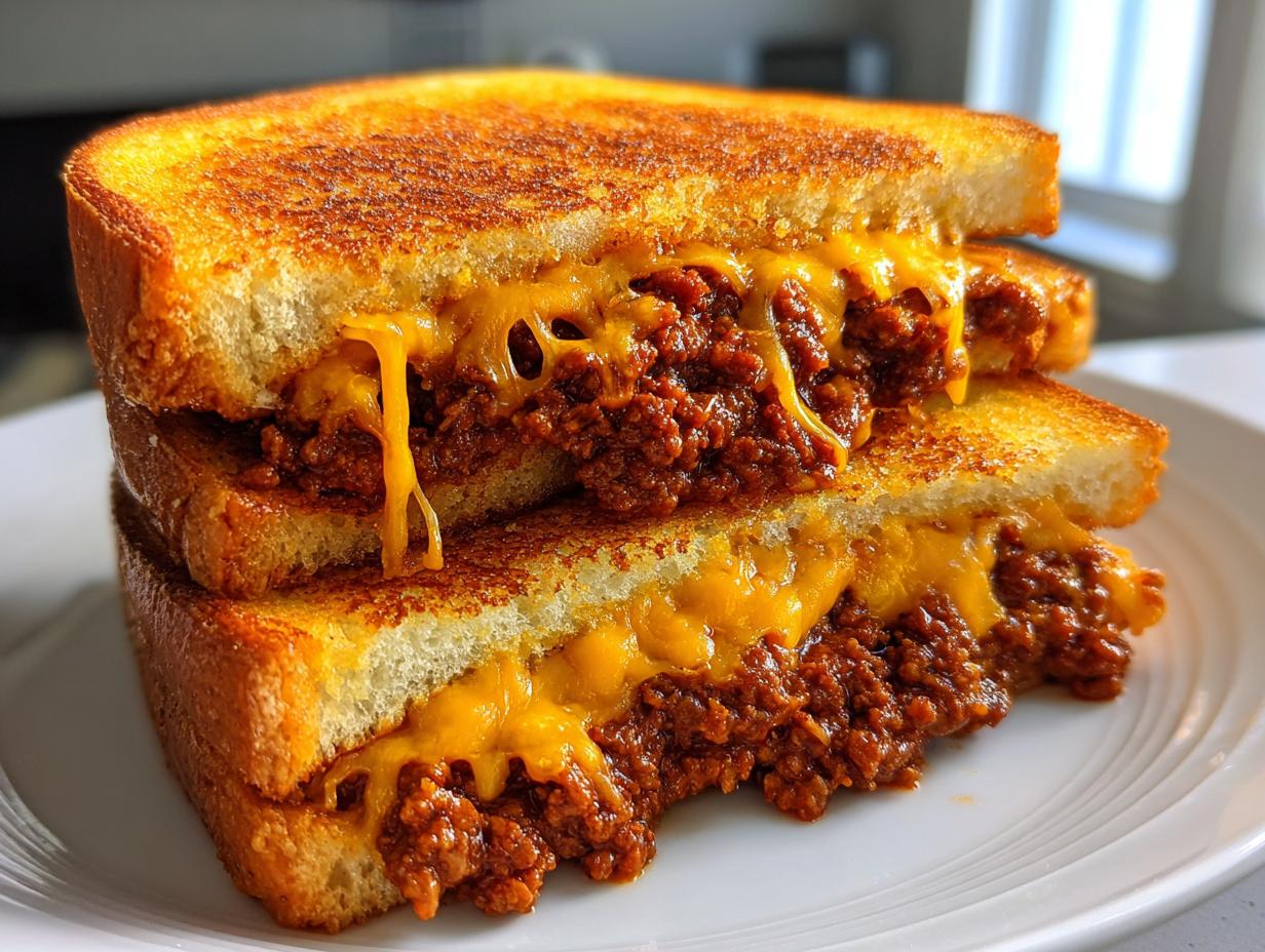 Close-up of two halves of Texas toast sloppy joes stacked, showing melted cheddar cheese oozing over the savory meat filling.