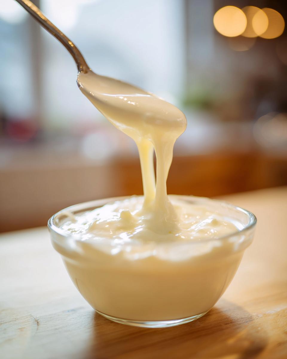 A spoonful of thick, creamy garlic sauce drips back into a small glass bowl.