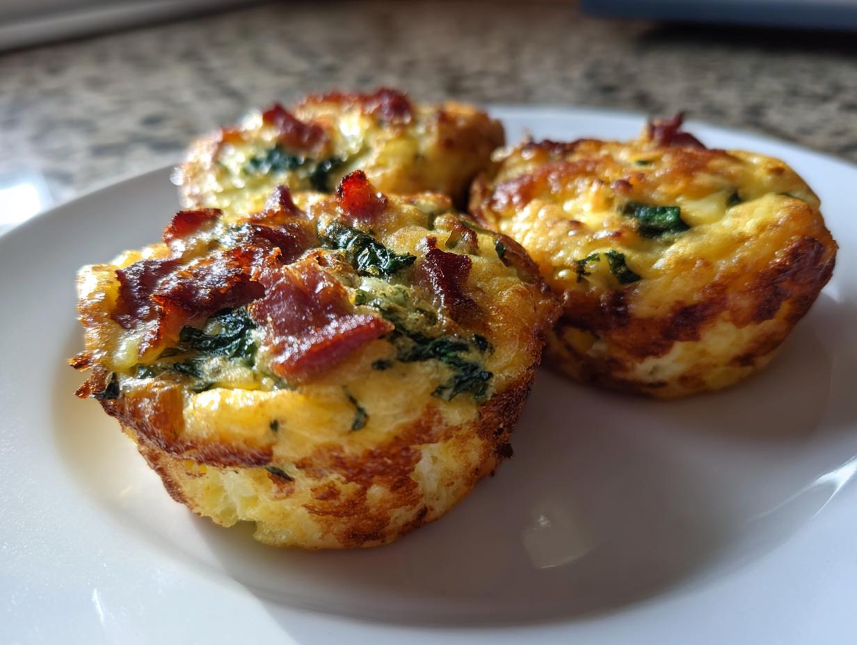 Three golden brown mini quiche muffins topped with crispy bacon and spinach served on a white plate.