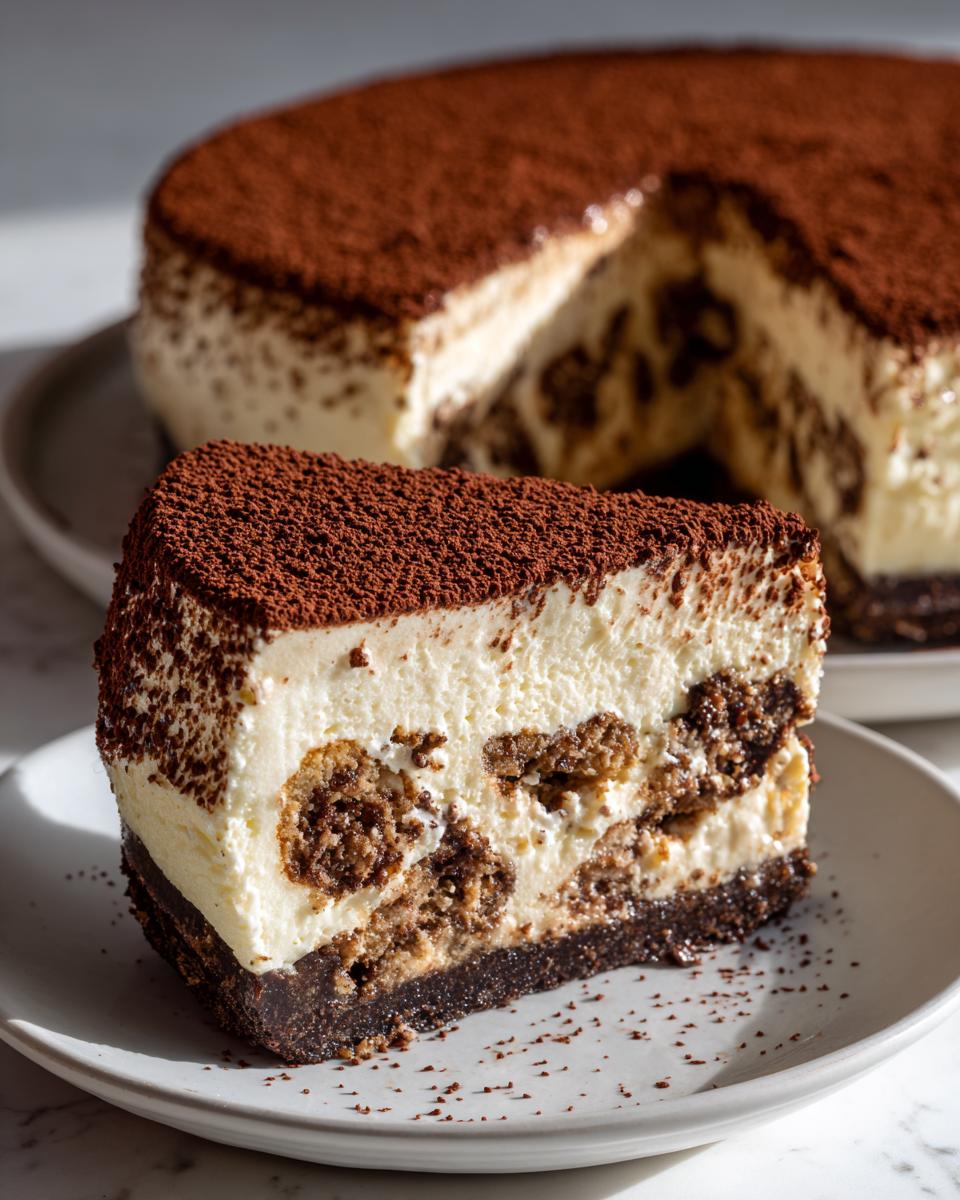 A perfect slice of tiramisu cheesecake featuring layers of cream and coffee-soaked cookies, dusted heavily with cocoa powder.