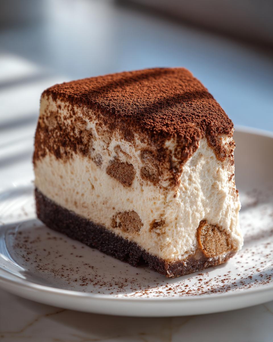 A tall slice of tiramisu cheesecake featuring a dark crust, creamy filling with ladyfingers, topped heavily with cocoa powder.