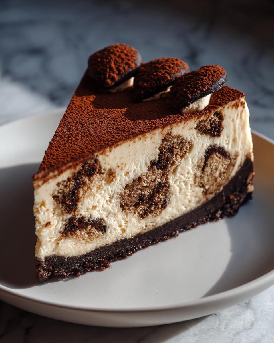 A perfect slice of tiramisu cheesecake with a dark chocolate crust, creamy filling, and cocoa powder topping.