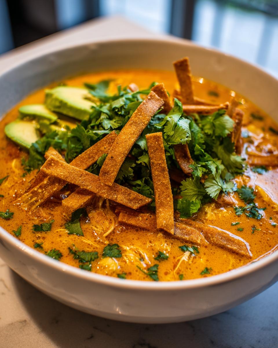 Close-up of a rich, orange tortilla soup recipe bowl topped with crispy tortilla strips, fresh cilantro, and avocado slices.