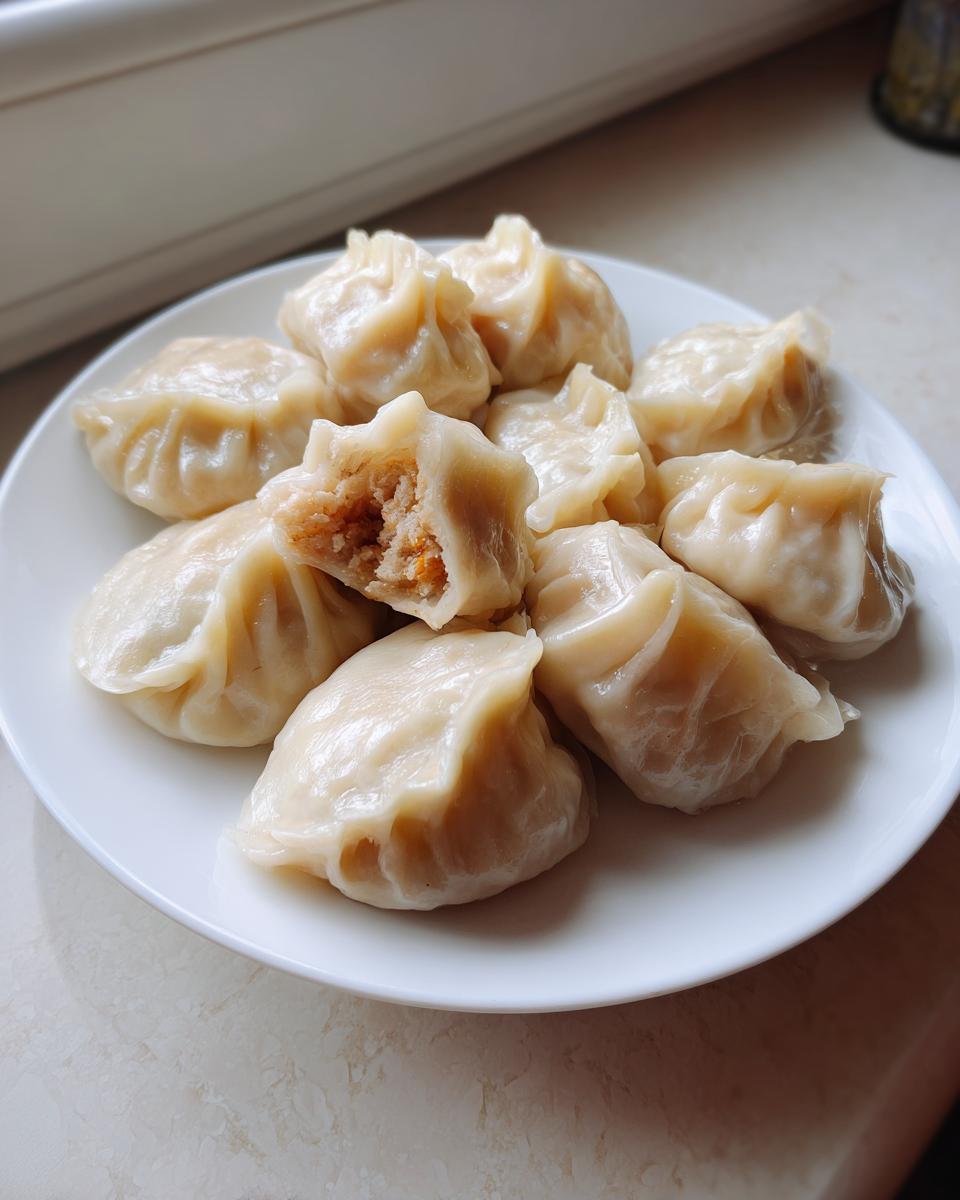 A plate of freshly steamed Traditional Chinese Dumplings, one broken open to show the savory filling.