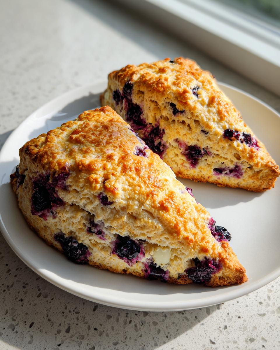 Two freshly baked, golden-brown blueberry scones resting on a white plate, highlighting the visible blueberries.