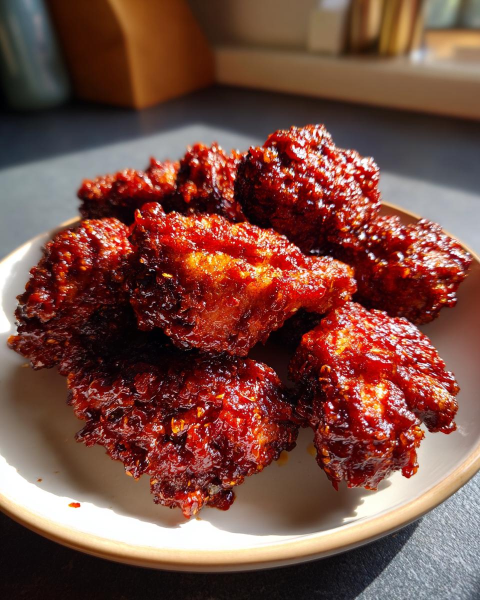 Close-up of several pieces of glossy, dark red Korean fried chicken piled on a white plate.