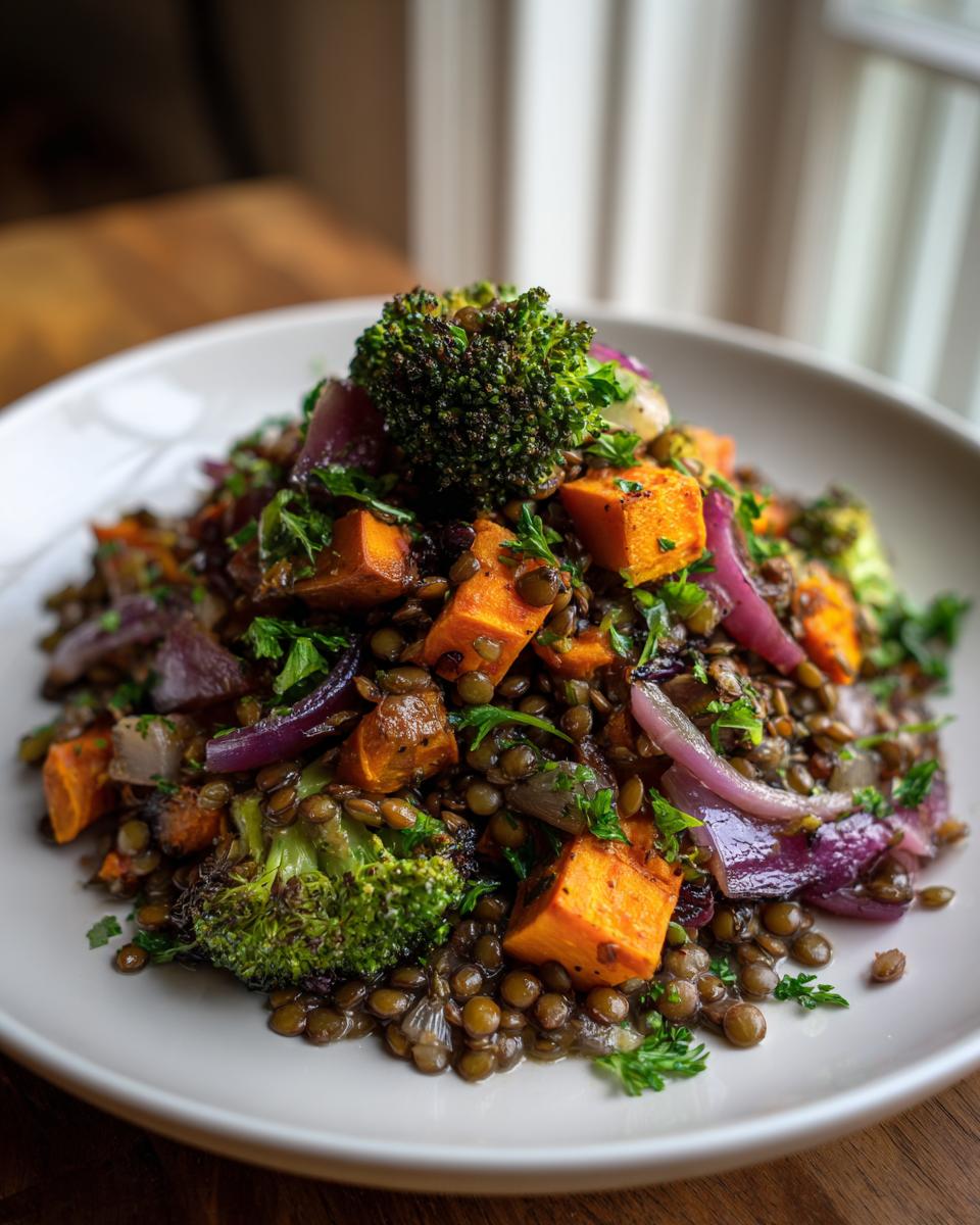 A close-up of a hearty veggie lentil salad featuring lentils, roasted sweet potatoes, red onion, and broccoli florets.
