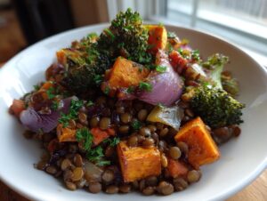 Close-up of a hearty veggie lentil salad featuring brown lentils, roasted sweet potatoes, red onion, and broccoli florets.