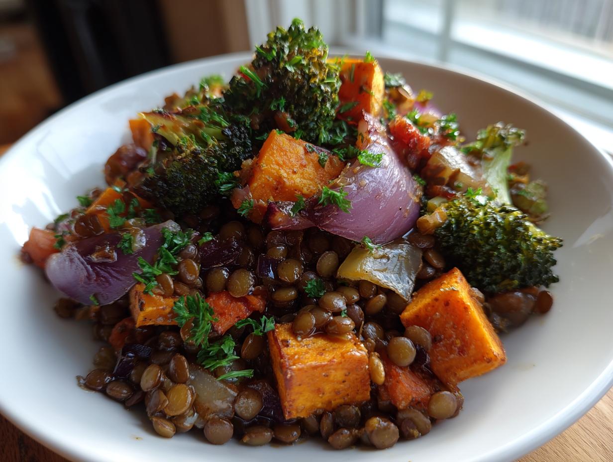 Close-up of a hearty veggie lentil salad featuring brown lentils, roasted sweet potatoes, red onion, and broccoli florets.