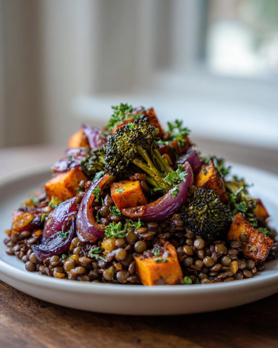 Close-up of a hearty veggie lentil salad featuring roasted sweet potatoes, charred broccoli, and red onion.