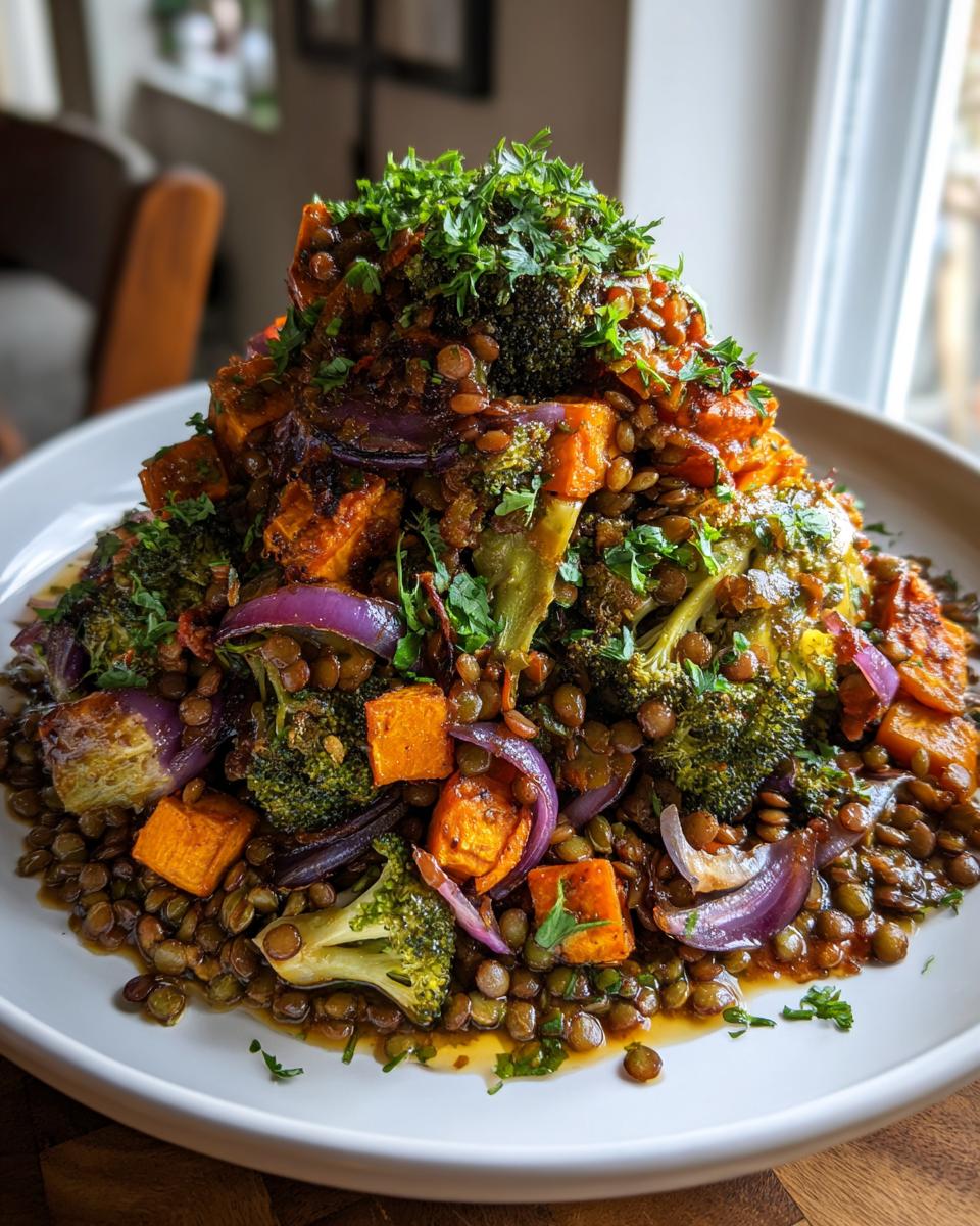 A vibrant, towering portion of veggie lentil salad featuring roasted sweet potatoes, broccoli, and red onion, topped with fresh parsley.