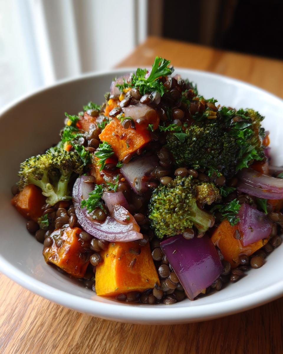 Close-up of a vibrant veggie lentil salad featuring lentils, roasted sweet potato, red onion, and broccoli, topped with parsley.