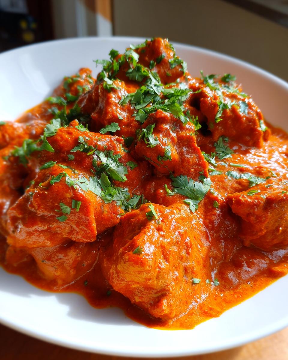 Close-up of tender chicken pieces coated in vibrant orange sauce, garnished with fresh cilantro, ready to eat butter chicken.