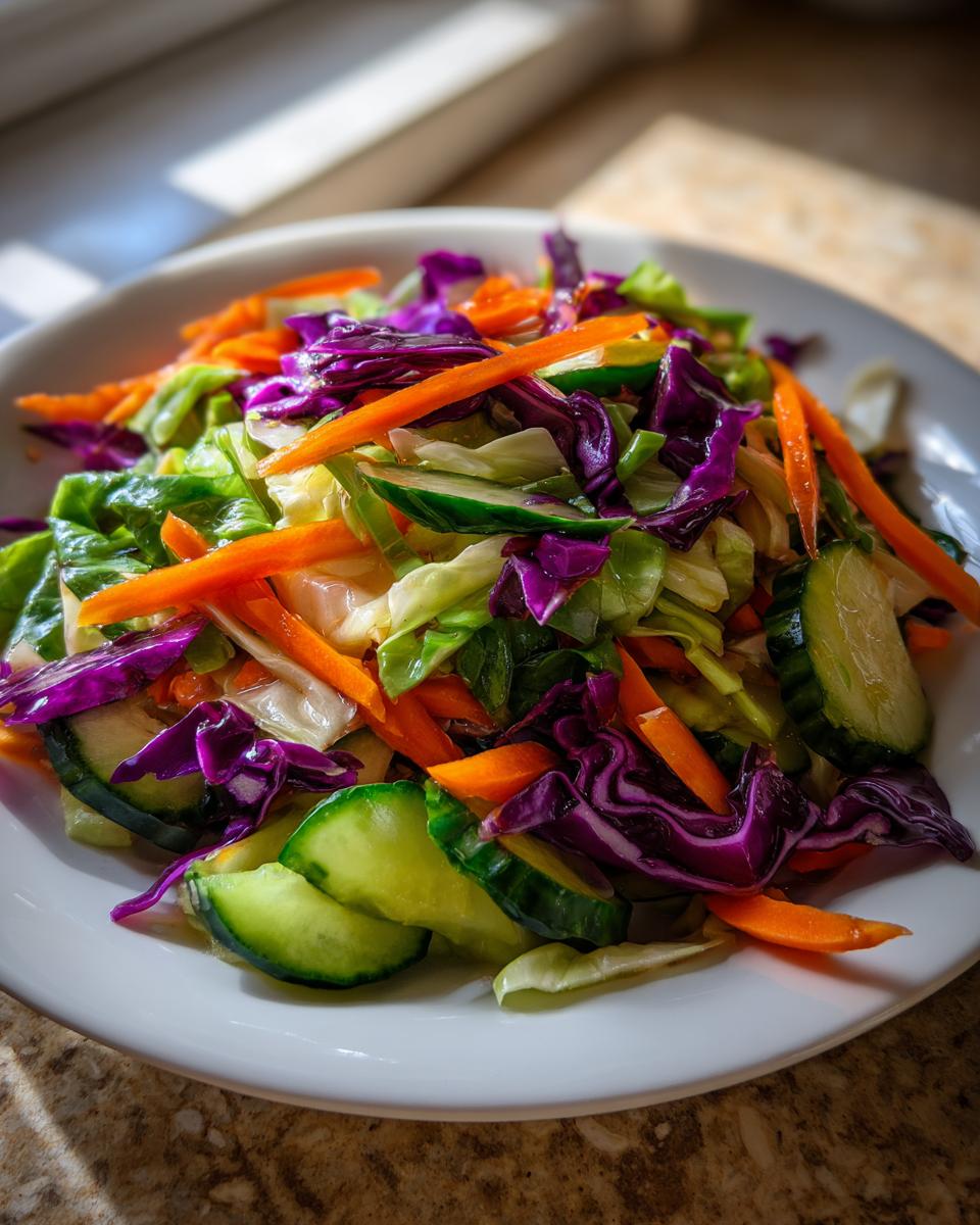 Close-up of a colorful cabbage salad featuring shredded red cabbage, green lettuce, julienned carrots, and cucumber slices.