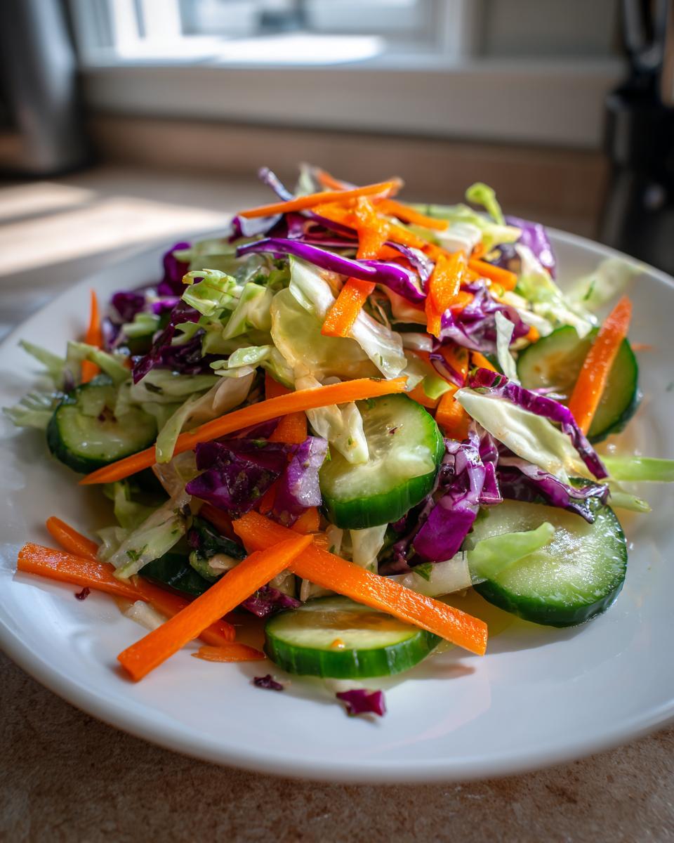 A colorful plate of fresh cabbage salad featuring shredded green cabbage, purple cabbage, julienned carrots, and thick cucumber slices.
