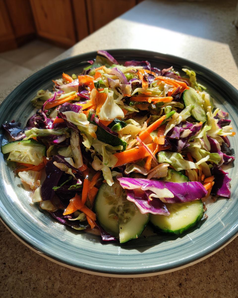 A colorful serving of fresh cabbage salad featuring shredded green and red cabbage, carrots, and cucumber slices.