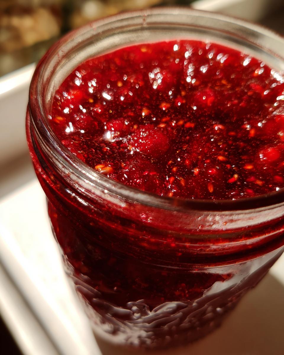 Close-up of vibrant, jewel-toned homemade christmas jam, showing seeds and texture inside a glass jar.