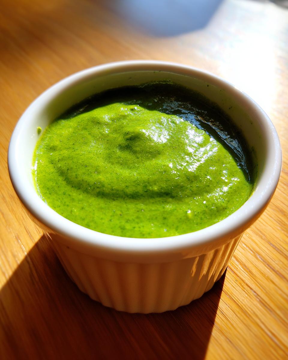 A close-up of vibrant green cilantro lime sauce served in a small white fluted ramekin on a wooden surface.