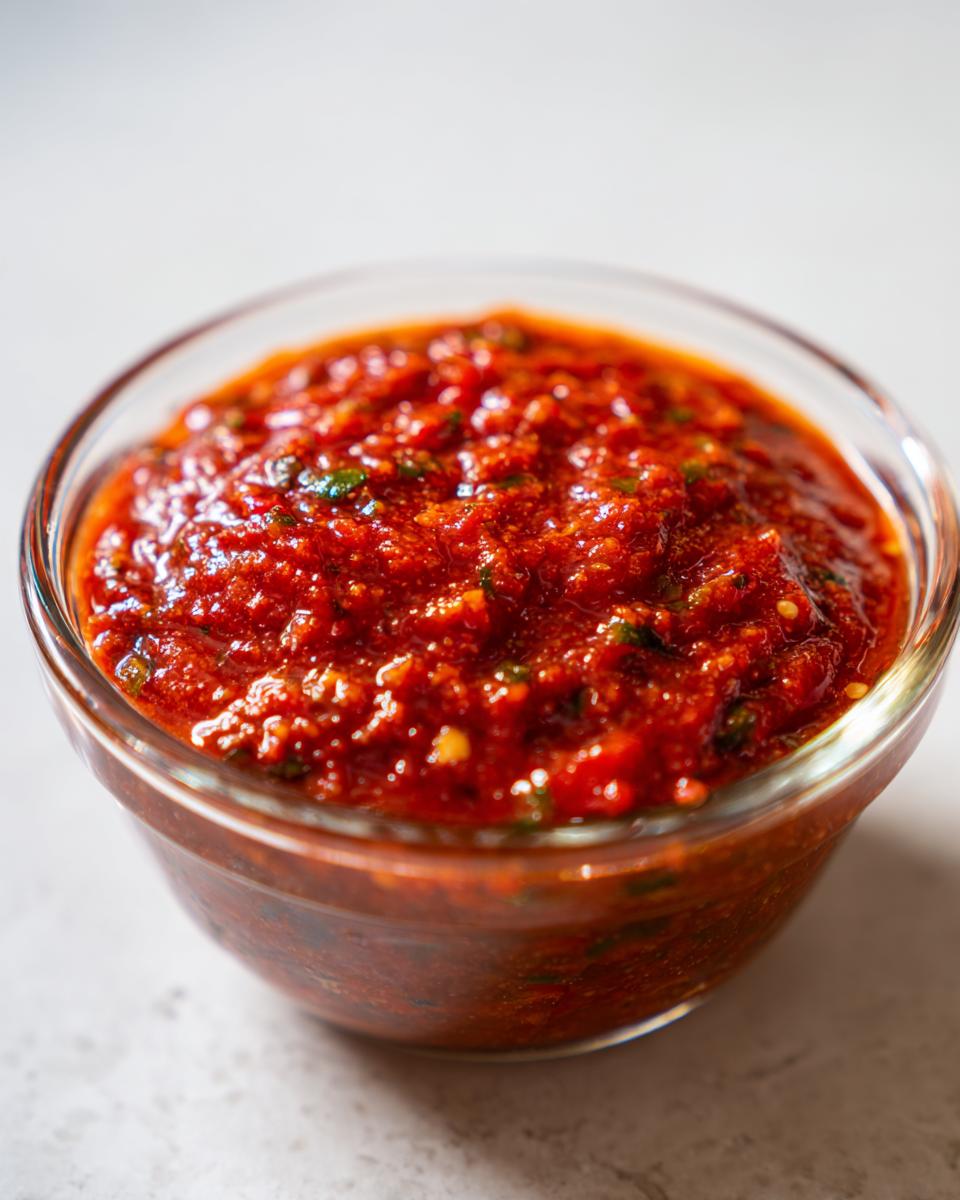 Close-up of thick, vibrant red homemade pizza sauce with visible herbs, served in a small clear glass bowl.